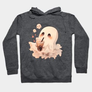 Spooky Sheet Ghost enjoying boba tea on Halloween Hoodie